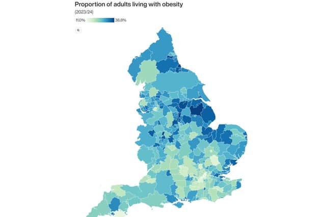 A map of England showing the obesity rates across the country.