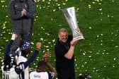 Tottenham manager Ange Postecoglou celebrates with the Europa League trophy after the 1-0 win over Manchester United in the final at Estadio de San Mames on May 21, 2025 in Bilbao, Spain. (Photo by Carl Recine/Getty Images)