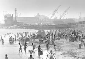 A packed beach in August 1975