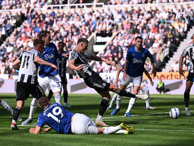 Sven Botman of Newcastle United shoots wide during the Premier League match between Newcastle United FC and Everton FC at St James' Park on May 25, 2025 in Newcastle upon Tyne, England. (Photo by Stu Forster/Getty Images)