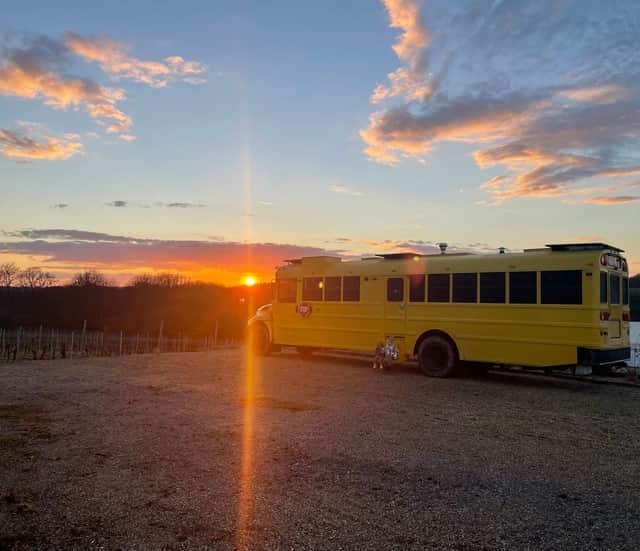 Lotti Harrison and Ty Burns' converted American school bus their travelling Europe in with their toddlers