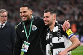 Jamaal Lascelles and Bruno Guimaraes at Wembley after Newcastle United's Carabao Cup final win over Liverpool
