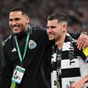 Jamaal Lascelles and Bruno Guimaraes at Wembley after Newcastle United's Carabao Cup final win over Liverpool