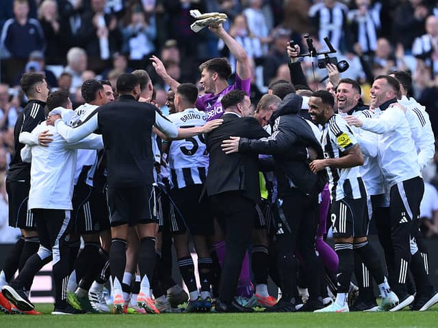 The Newcastle players in a huddle celebrate UEFA Champions League qualification after the Premier League match between Newcastle United FC and Everton FC at St James' Park on May 25, 2025 in Newcastle upon Tyne, England. (Photo by Stu Forster/Getty Images)