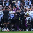 The Newcastle players in a huddle celebrate UEFA Champions League qualification after the Premier League match between Newcastle United FC and Everton FC at St James' Park on May 25, 2025 in Newcastle upon Tyne, England. (Photo by Stu Forster/Getty Images)