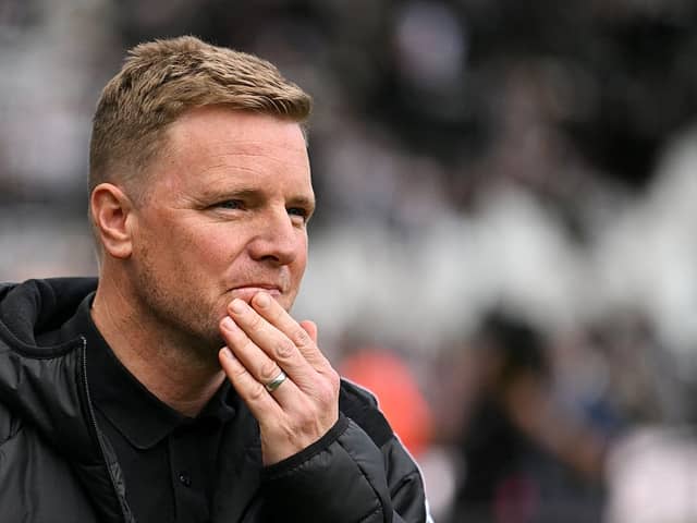 Newcastle United's English head coach Eddie Howe reacts during the English Premier League football match between Newcastle United and Everton at St James' Park in Newcastle-upon-Tyne, north east England on May 25, 2025. (Photo by ANDY BUCHANAN / AFP) 