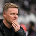 Newcastle United's English head coach Eddie Howe reacts during the English Premier League football match between Newcastle United and Everton at St James' Park in Newcastle-upon-Tyne, north east England on May 25, 2025. (Photo by ANDY BUCHANAN / AFP) 