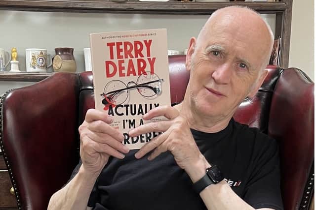 Terry Deary with his new book, Actually I'm a Murderer.