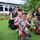 Nursery assistant Hayley Malpass and manager Emma Hartley celebrate Stanley's nursery at Whitburn and Marsden family hub Ofsted report with some of the youngsters.