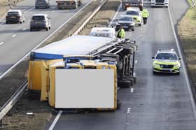 An overturned lorry blocking the A19