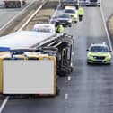 An overturned lorry blocking the A19