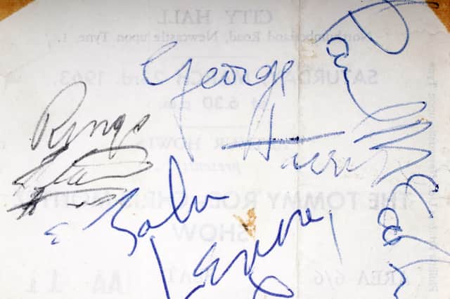 The Beatles autographs which were signed on the reverse of a ticket for the 'Tommy Roe and Chris Montez Show' at Newcastle City Hall.