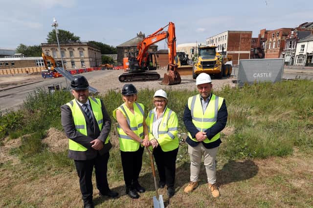 Work has officially started on relocating South Tyneside College to South Shields town centre. From left: Simon Ashton, Principal at South Shields Marine School, Dr Lindsey Whiterod CBE, Chief Executive of Tyne Coast College, Cllr Tracey Dixon, Leader of South Tyneside Council, and Andrew Dawson, Managing Director at Castle.