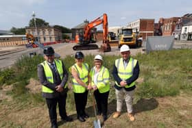 Work has officially started on relocating South Tyneside College to South Shields town centre. From left: Simon Ashton, Principal at South Shields Marine School, Dr Lindsey Whiterod CBE, Chief Executive of Tyne Coast College, Cllr Tracey Dixon, Leader of South Tyneside Council, and Andrew Dawson, Managing Director at Castle.