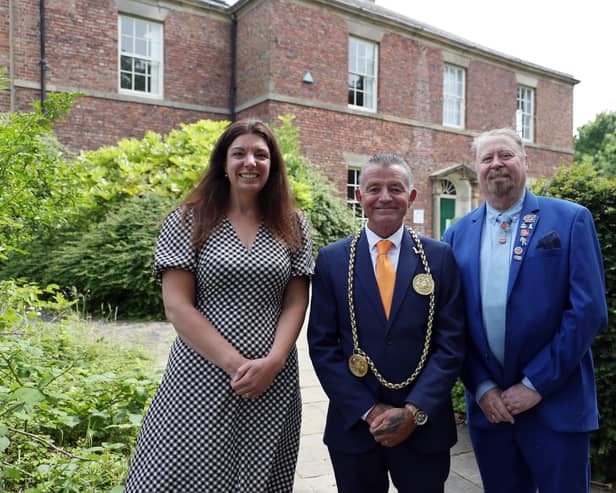  Alene Lee, of Jarrow Hall, with Cllr Jay Potts, Mayor of South Tyneside (middle), Cllr Paul Dean, Lead Member for Voluntary Sector, Partnerships and Equalities, have launched the #LoveSouthTyneside Awards 2025.