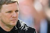 Newcastle United's English head coach Eddie Howe reacts during the English Premier League football match between Newcastle United and Chelsea at St James' Park in Newcastle-upon-Tyne, north east England on May 11, 2025.