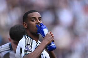 Newcastle player Alexander Isak drinks from a bottle during the Premier League match between Newcastle United FC and Everton FC at St James' Park on May 25, 2025 in Newcastle upon Tyne, England. (Photo by Stu Forster/Getty Images)