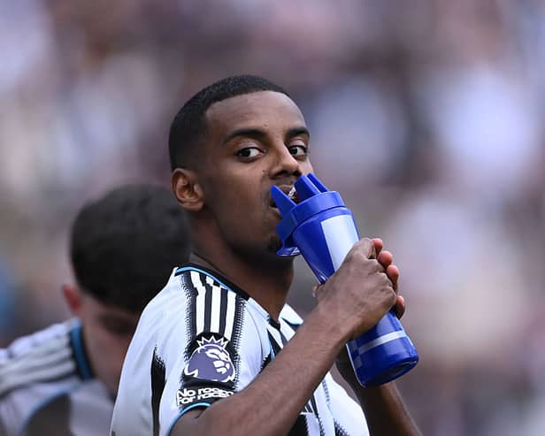Newcastle player Alexander Isak drinks from a bottle during the Premier League match between Newcastle United FC and Everton FC at St James' Park on May 25, 2025 in Newcastle upon Tyne, England. (Photo by Stu Forster/Getty Images)