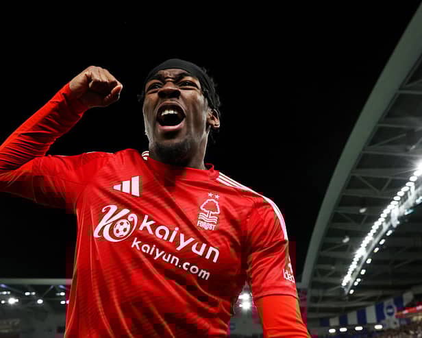 Anthony Elanga of Nottingham Forest celebrates following the team's victory in the penalty shoot out during the Emirates FA Cup Quarter Final match between Brighton & Hove Albion and Nottingham Forest at Amex Stadium on March 29, 2025 in Brighton, England. (Photo by Alex Pantling/Getty Images)