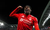 Anthony Elanga of Nottingham Forest celebrates following the team's victory in the penalty shoot out during the Emirates FA Cup Quarter Final match between Brighton & Hove Albion and Nottingham Forest at Amex Stadium on March 29, 2025 in Brighton, England. (Photo by Alex Pantling/Getty Images)
