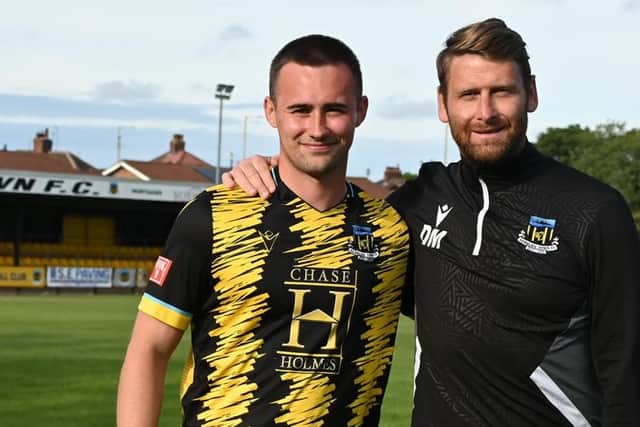 Hebburn Town defender Joe Oliver and manager Daniel Moore (photo Tyler Lopes)