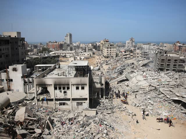 A general view shows the damage in the area surrounding Gaza's Al-Shifa hospital in 2024