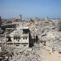 A general view shows the damage in the area surrounding Gaza's Al-Shifa hospital in 2024