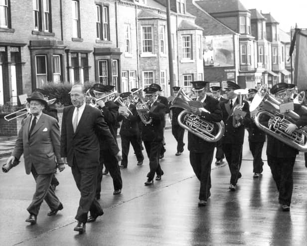 The Mayor of South Shields, Ald R Dodds and Ald Jones, both miners at Harton Colliery, march in front of Harton Colliery band on the way to Tyne Dock railway station to go to Durham miners' gala.