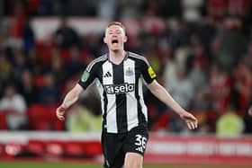 Sean Longstaff of Newcastle United celebrates after scoring the fifth and winning penalty in the penalty shootout during the Carabao Cup Second Round match between Nottingham Forest and Newcastle United at City Ground on August 28, 2024 in Nottingham, England. (Photo by Michael Regan/Getty Images)