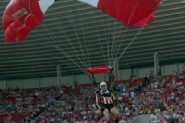 A grand arrival for the red and whites, with a parachutist arriving on the pitch for the opening league game at the Stadium of Light.
