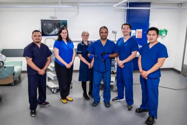 From left: Redwin Evangelista, Deputy Manager of the South Tyneside District Hospital Endoscopy Unit, Zoe Clapham, Clinical and Operational Lead, Jemma Archbold Endoscopy Unit Manager, Dr Amit Chattree, Consultant Gastroenterologist, Er Winn Lim, Trust Doctor, and Don Emerson Pasco, Endoscopy Staff Nurse.