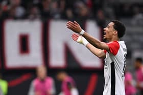 Frankfurt's French forward #11 Hugo Ekitike celebrates scoring his team's third goal during the German first division Bundesliga football match between Eintracht Frankfurt and RB Leipzig in Frankfurt am Main, western Germany on April 26, 2025. (Photo by Kirill KUDRYAVTSEV / AFP) 