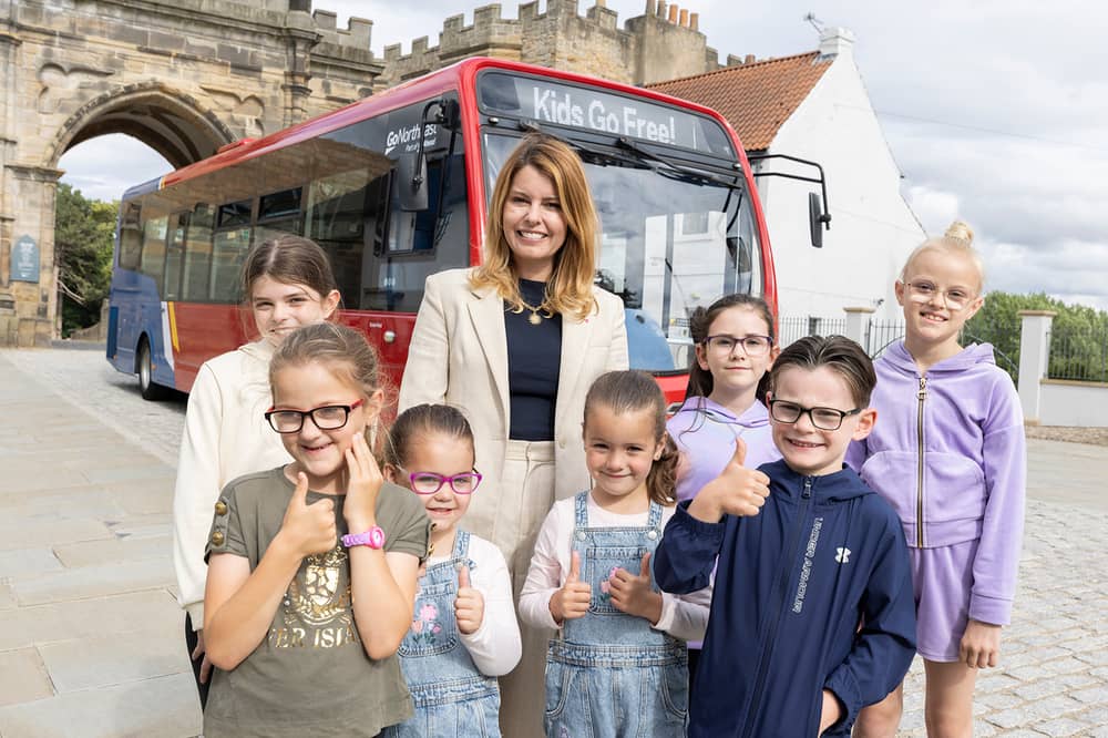 North East mayor Kim McGuinness with some of the children set to benefit from the Kids go Free initiative.