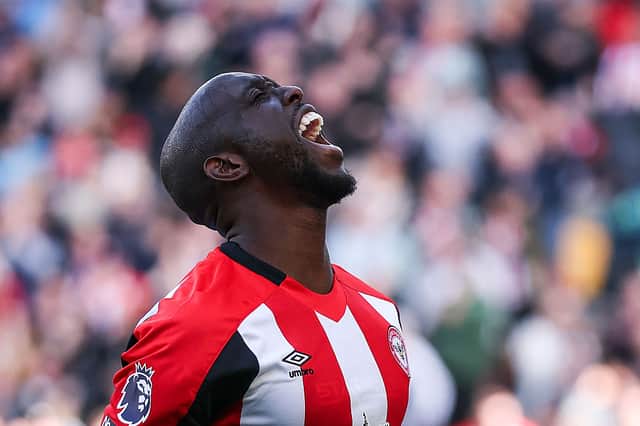 Yoane Wissa of Brentford reacts during the Premier League match between Brentford FC and Brighton & Hove Albion FC at Gtech Community Stadium on April 19, 2025 in Brentford, England. (Photo by Ryan Pierse/Getty Images)