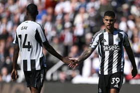 Newcastle players Alexander Isak and  Bruno Guimaraes shake hands during the Premier League match between Newcastle United FC and Everton FC at St James' Park on May 25, 2025 in Newcastle upon Tyne, England. (Photo by Stu Forster/Getty Images)