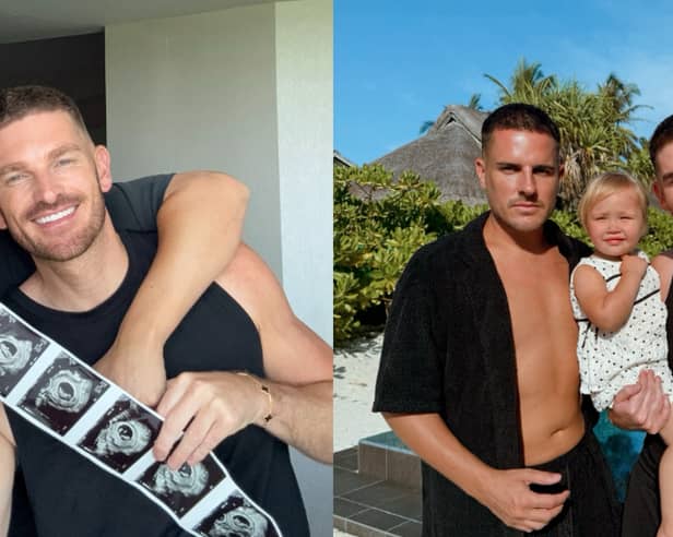 (Left) Adam and Jamie shared the news they would have a child via surrogacy via a social media video earlier this summer (Right) Adam and Jamie with Goddaughter Alba, 2