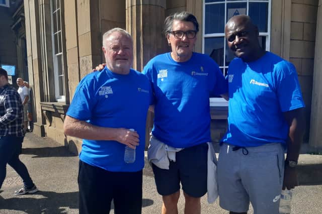 Former SAFC players Gary Bennett and Mick Harford alongside Fans Museum founder Michael Ganley.