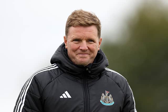 Eddie Howe, Manager of Newcastle United, looks on during a training session ahead of the UEFA Champions League 2025/26 League Phase MD1 match against FC Barcelona at Newcastle United Training Centre on September 17, 2025 in Newcastle upon Tyne, England. (Photo by George Wood/Getty Images)