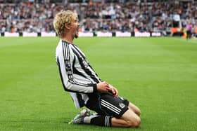 Nick Woltemade of Newcastle United celebrates scoring his team's first goal during the Premier League match between Newcastle United and Wolverhampton Wanderers at St James' Park on September 13, 2025 in Newcastle upon Tyne, England. (Photo by Matt McNulty/Getty Images)
