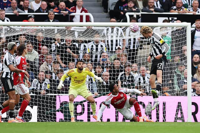 Nick Woltemade of Newcastle United scores his team's first goal during the Premier League match between Newcastle United and Arsenal at St James' Park on September 28, 2025 in Newcastle upon Tyne, England. (Photo by Stu Forster/Getty Images)