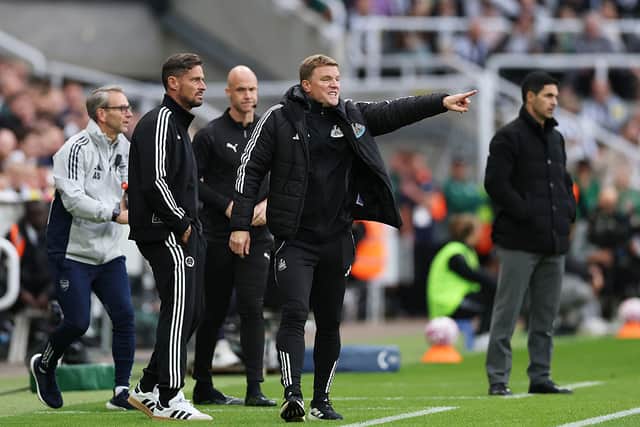 Eddie Howe, Manager of Newcastle United, reacts on the touchline during the Premier League match between Newcastle United and Arsenal at St James' Park on September 28, 2025 in Newcastle upon Tyne, England. (Photo by Stu Forster/Getty Images)
