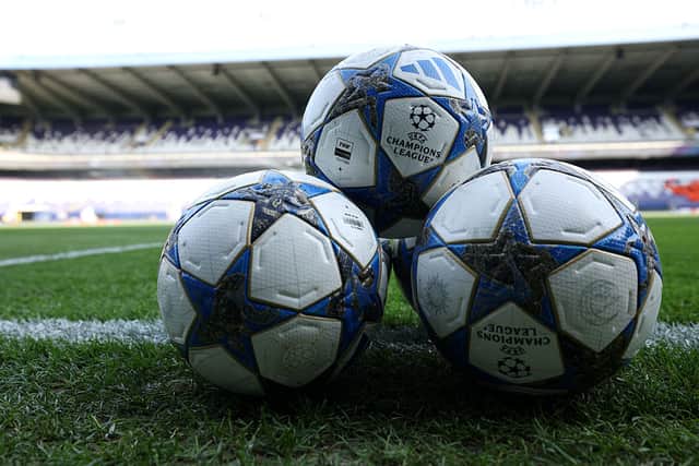 A general view of match balls prior to the UEFA Champions League 2025/26 League Phase MD2 match between R. Union Saint-Gilloise and Newcastle United FC at RSC Anderlecht Stadium on October 01, 2025 in Brussels, Belgium. (Photo by Stuart Franklin/Getty Images)
