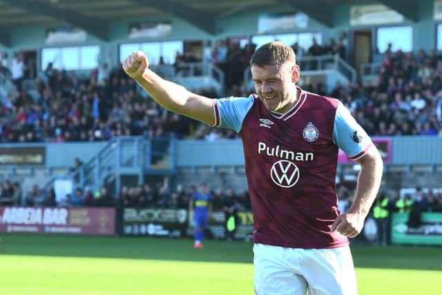 Paul Blackett celebrates after scoring in South Shields' FA Cup fourth qualifying round tie against Spalding United (photo Kevin Wilson)