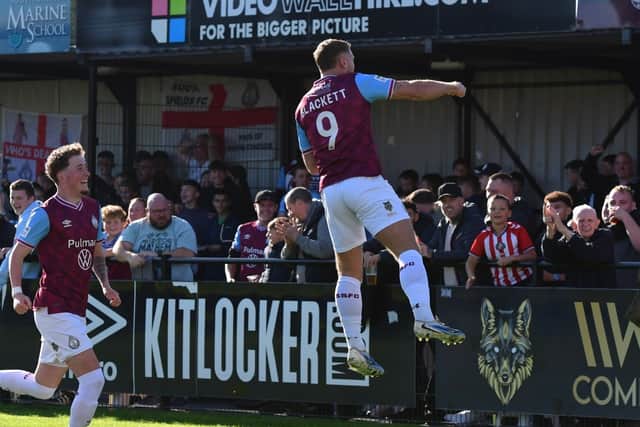 Paul Blackett celebrates after scoring in South Shields 4-0 FA Cup fourth qualifying round win against Spalding United (photo Kevin Wilson)
