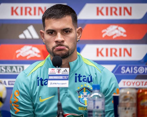 Brazil's Bruno Guimaraes attends a press conference ahead of the international football friendly match between Japan and Brazil at the Tokyo stadium in Chofu, Tokyo prefecture on October 13, 2025. (Photo by Yuichi YAMAZAKI / AFP) (Photo by YUICHI YAMAZAKI/AFP via Getty Images)          