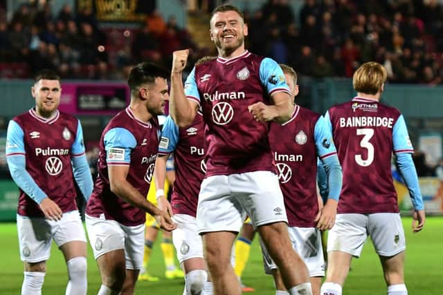 Paul Blackett celebrates after scoring in South Shields' 3-0 home win against National League North rivals Scarborough Athletic (photo Kevin Wilson)