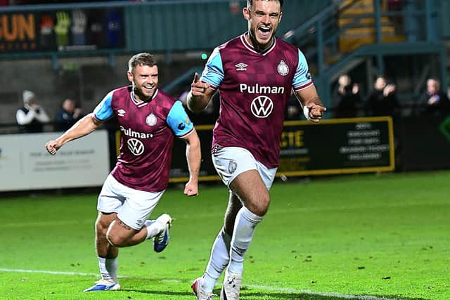 Dan Ward celebrates after scoring in South Shields 4-0 home win against Scarborough Athletic (photo Kevin Wilson)