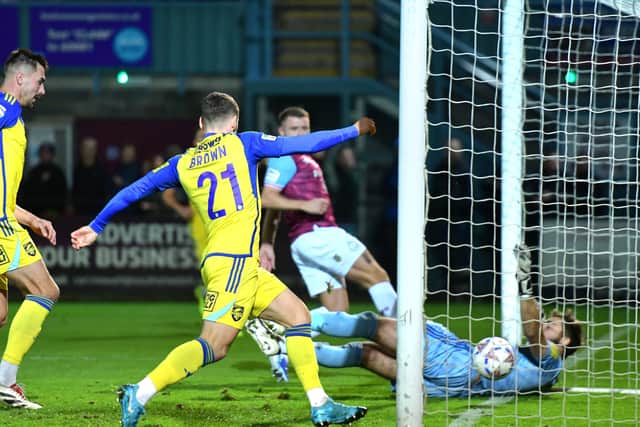 Paul Blackett opens the scoring in South Shields 4-0 win against Scarborough Athletic (photo Kevin Wilson)