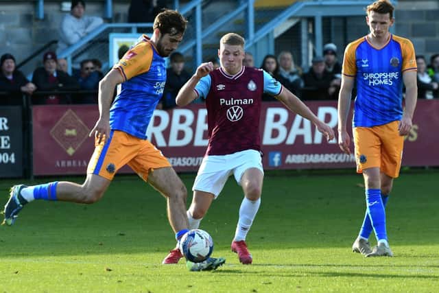 Will Jenkins in action during South Shields FA Cup defeat against Shrewsbury Town (photo Kevin Wilson)
