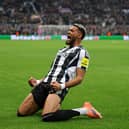 Joelinton celebrates scoring in the Champions League. 